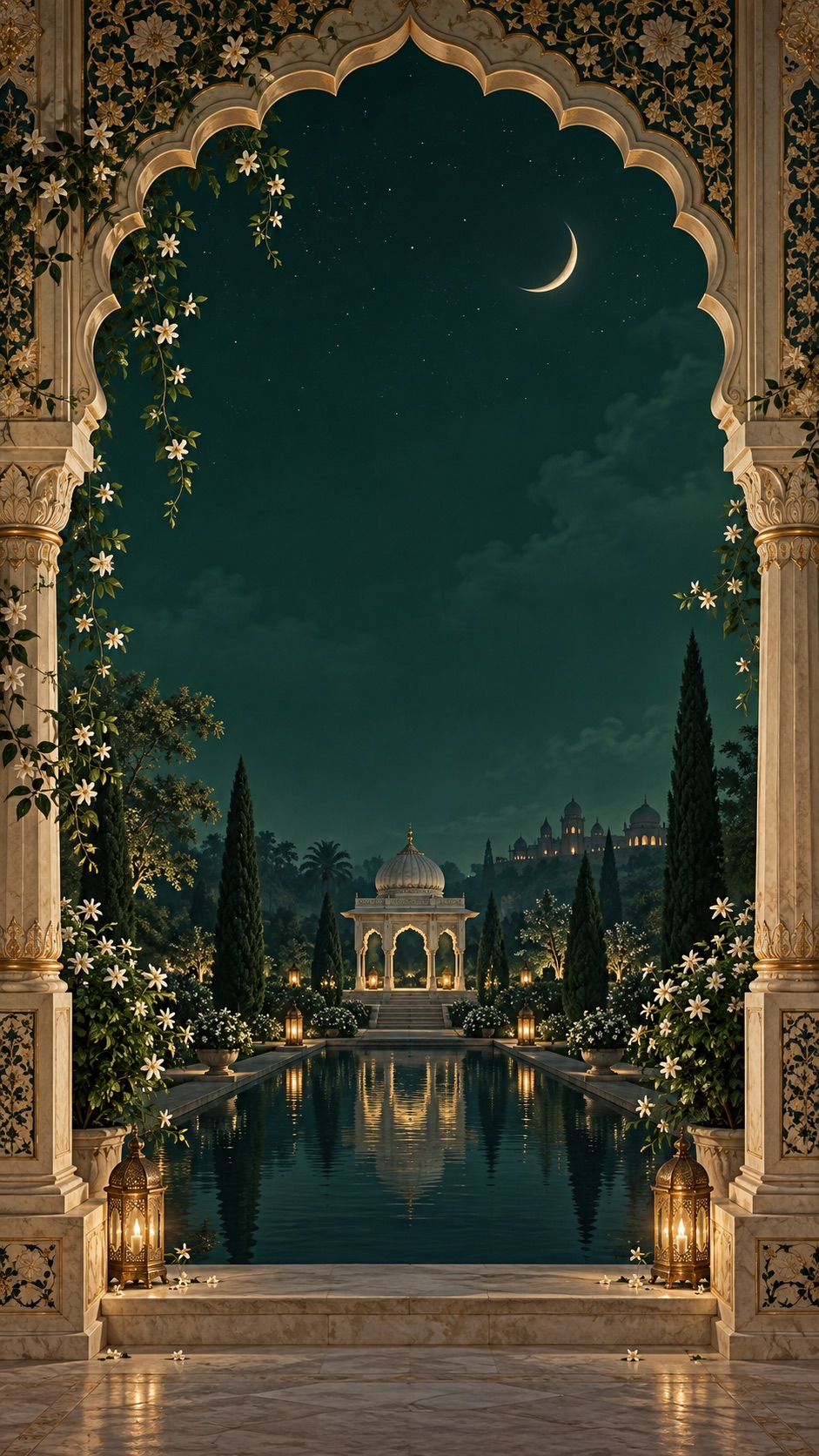 An illuminated pavilion in a moonlit garden